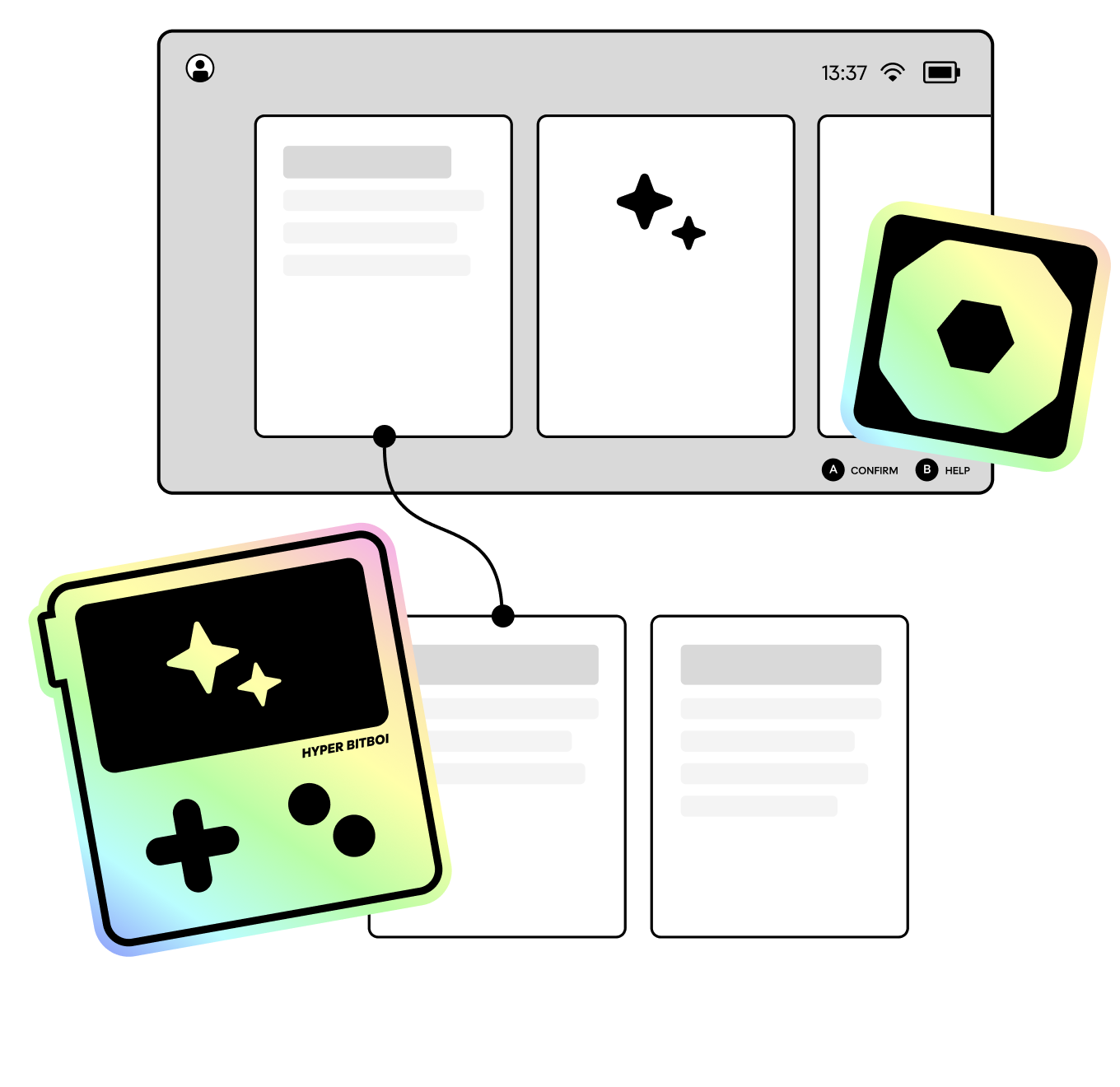 Illustration eines Wireframes mit verknüpften Screens als Sinnbild für Webdesign und UX-Design